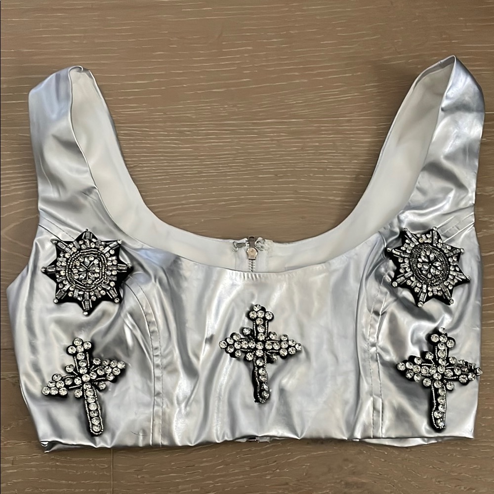 Silver Metallic Embellished Crop Top